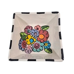 Fiona Collins Square Art Pottery Bowl Hand Painted  6' x 6" Floral Signed